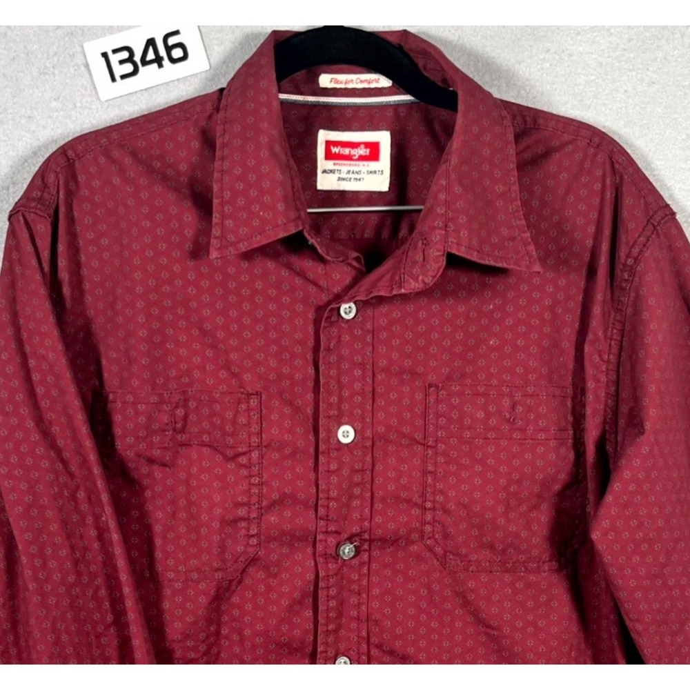Wrangler Shirt Mens Medium Red Geometric Premium Slim Fit Long Sleeve Button Up